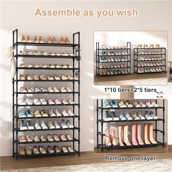Tall Shoe Rack 10 Tier Storage Organizer Holds 50 Pairs Metal Shelf Black - Picture 5 of 7